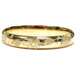 Real 14K Gold Floral Design Bangle Bracelet, Hollow Statement Bracelet Gift Idea